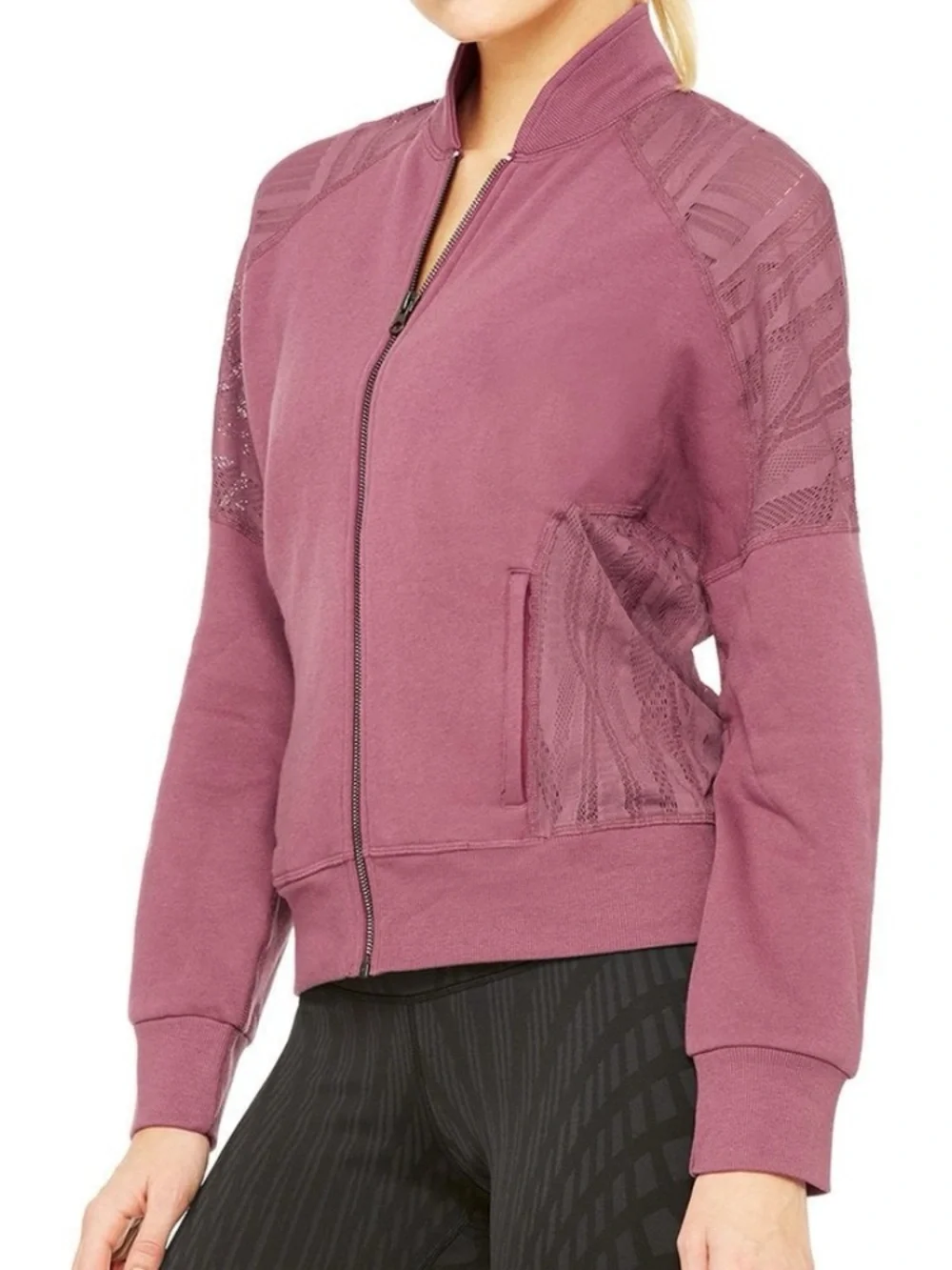 Alo Yoga Tempt Lace Yoke Bomber Jacket - Mauve Pink - Size XS